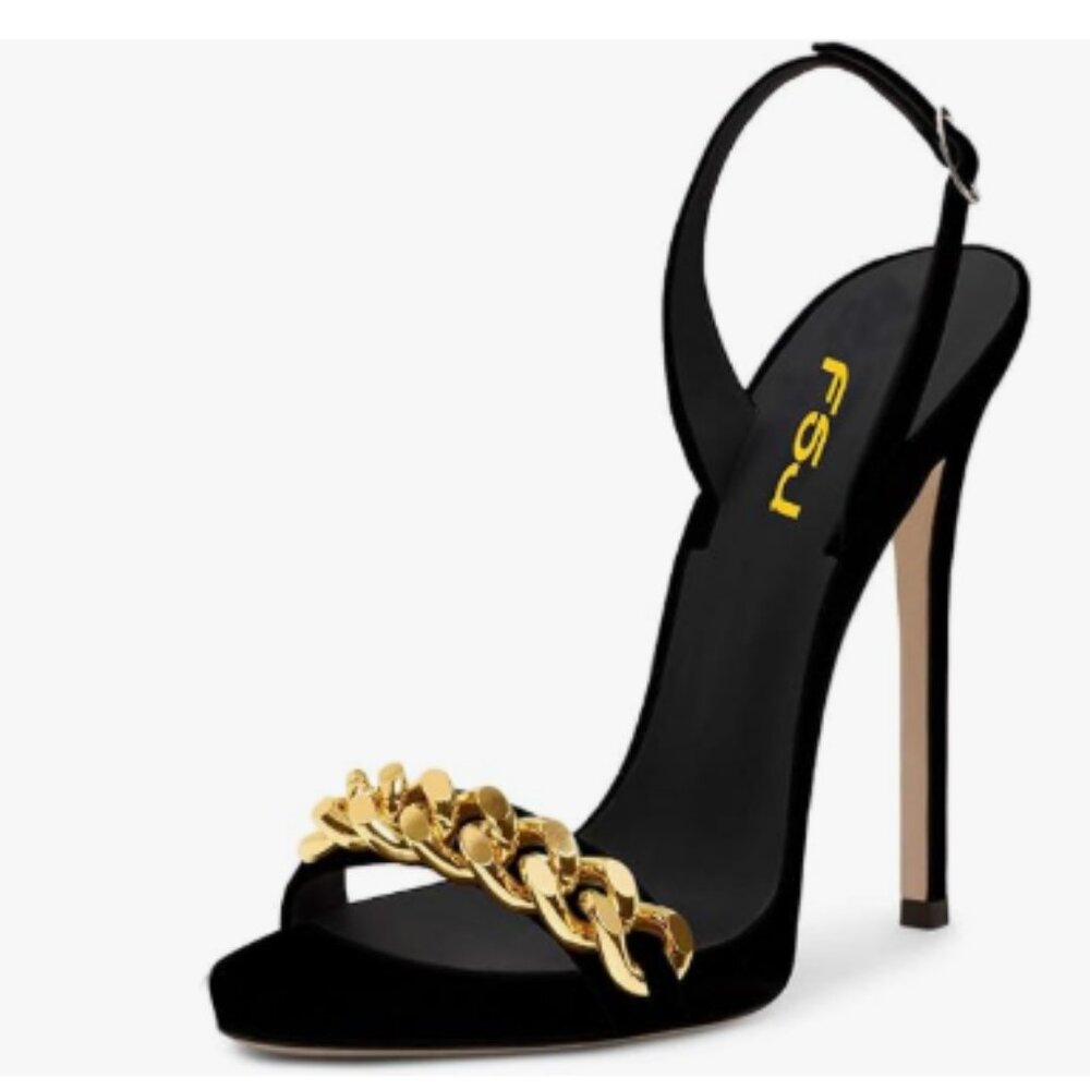 FSJ Black Sandals with Gold Chain Accent